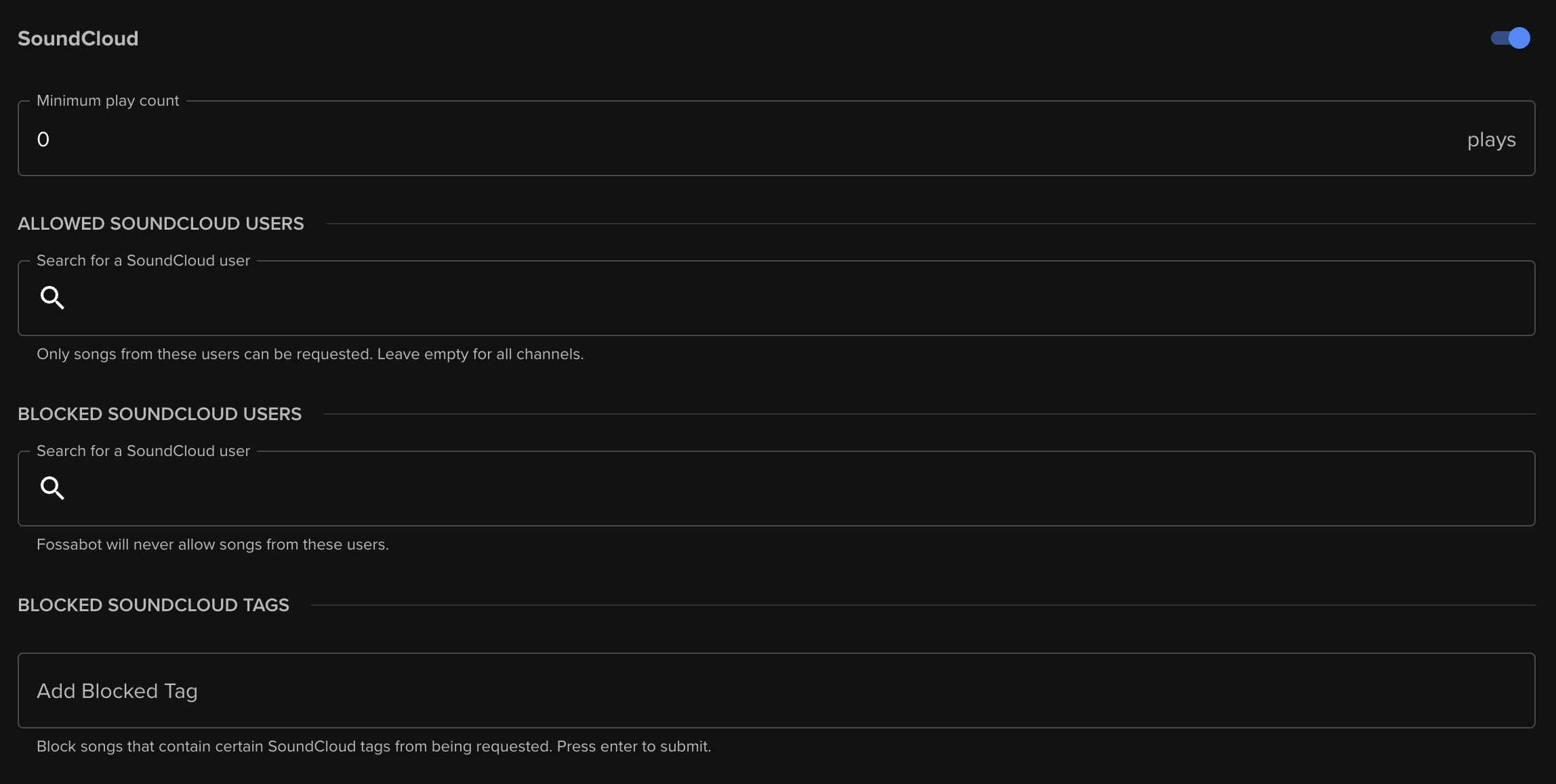 Example of SoundCloud settings